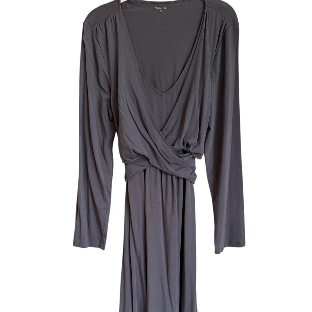 Garnet Hill Wrap Midi Dress Tie-Back Long Sleeve Knit Grey Women's L